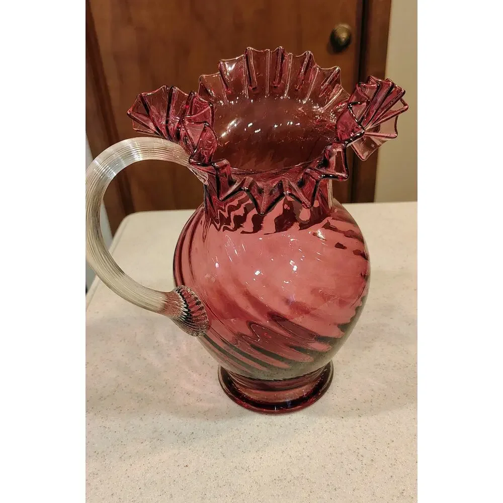 Fenton Cranberry Glass Pitcher Ruffled Rim Swirl Dot Optic Clear Handle 10